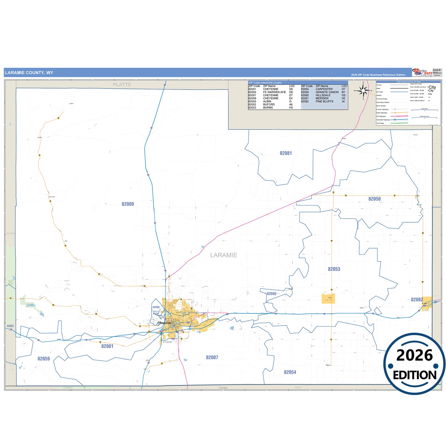 Laramie County, WY Business Reference 5 Digit ZIP Code Wall Map