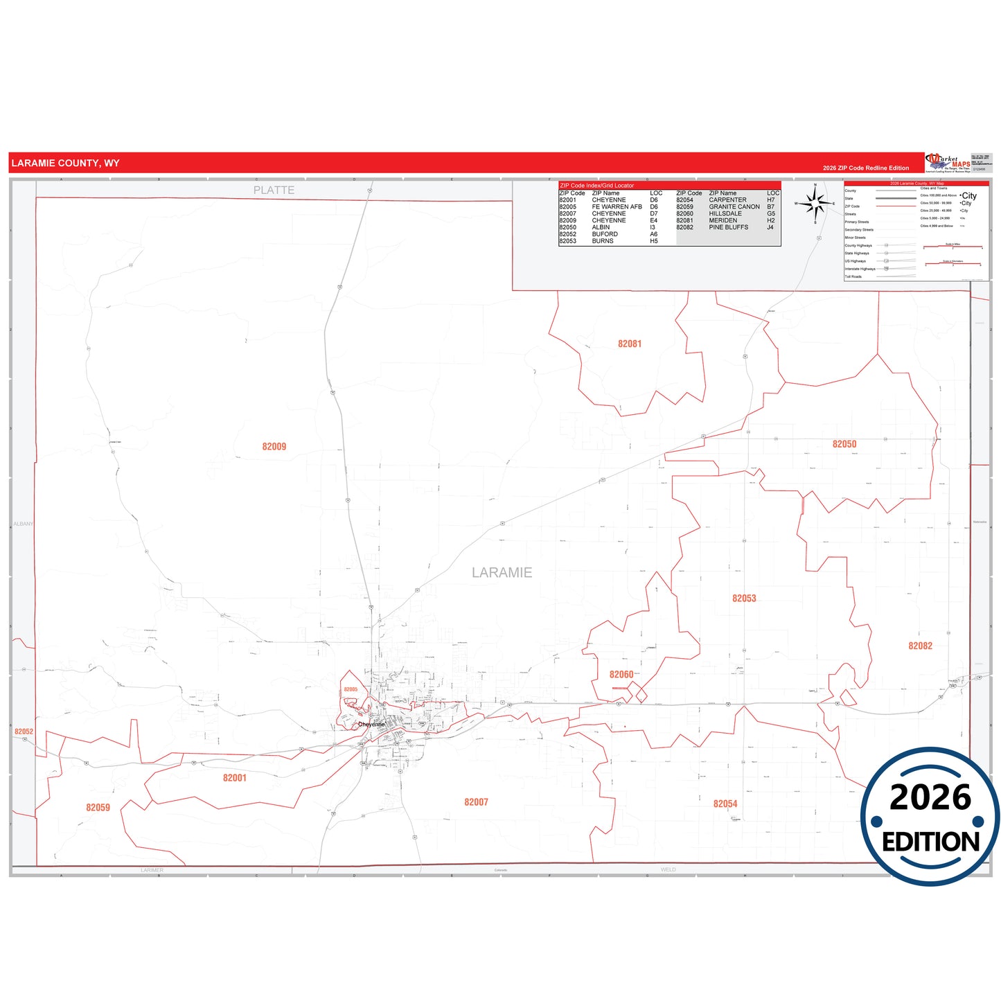 Laramie County, WY Red Line 5 Digit ZIP Code Wall Map