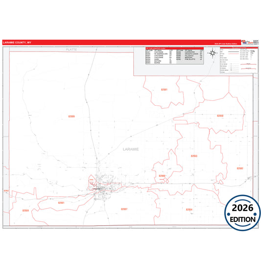 Laramie County, WY Red Line 5 Digit ZIP Code Wall Map