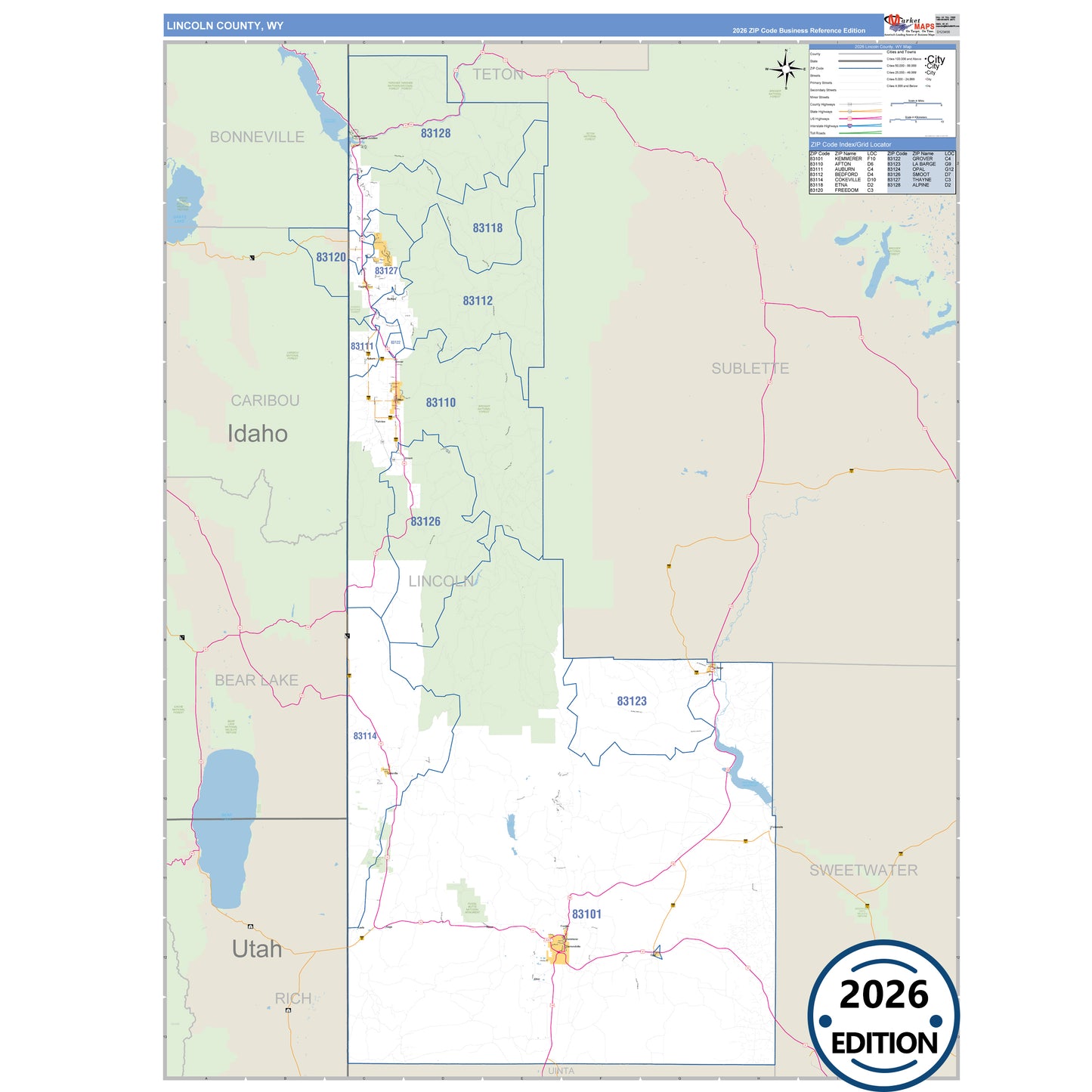 Lincoln County, WY Business Reference 5 Digit ZIP Code Wall Map