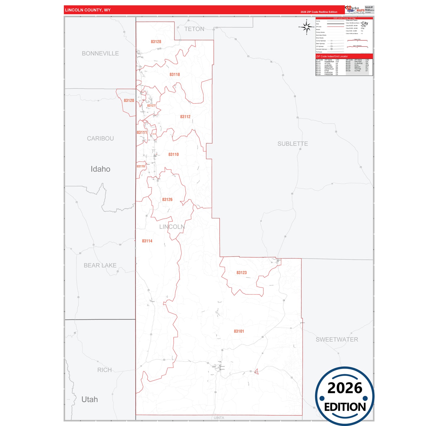 Lincoln County, WY Red Line 5 Digit ZIP Code Wall Map