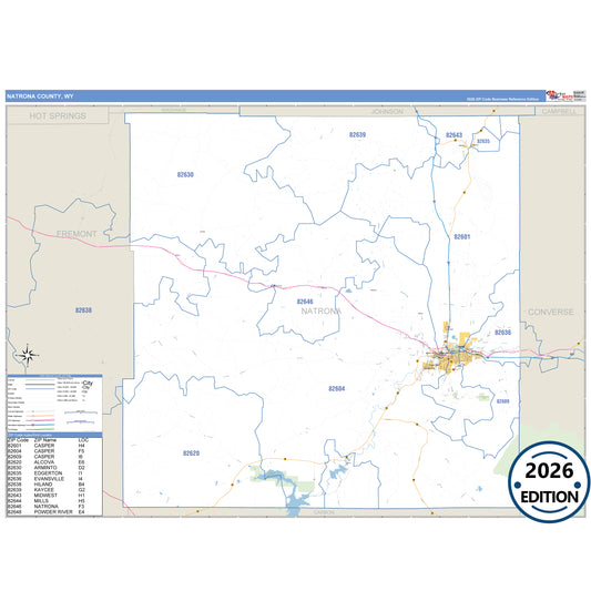 Natrona County, WY Business Reference 5 Digit ZIP Code Wall Map