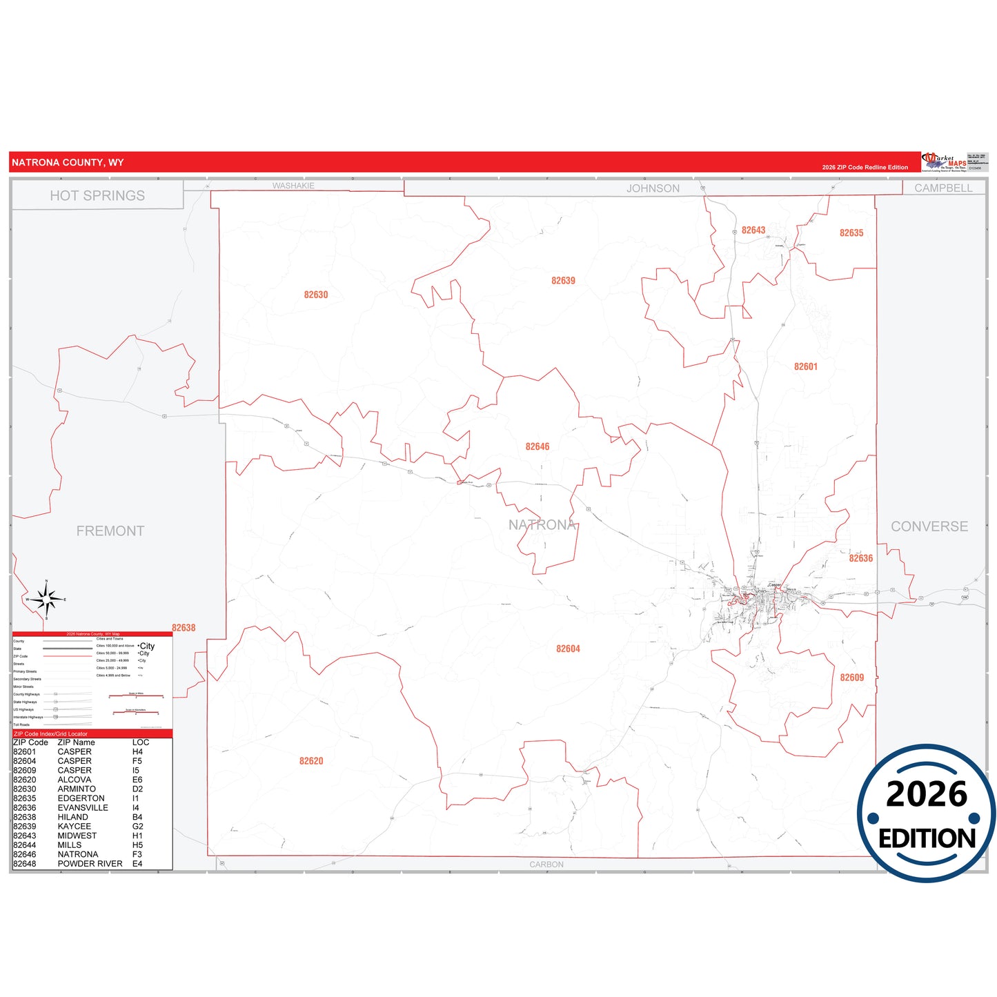 Natrona County, WY Red Line 5 Digit ZIP Code Wall Map