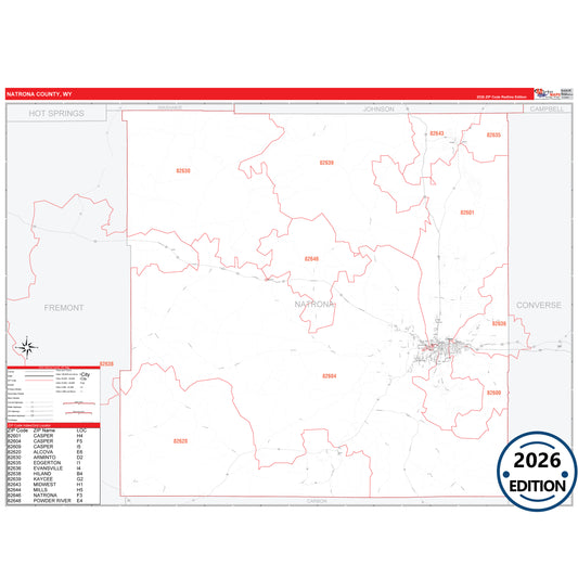 Natrona County, WY Red Line 5 Digit ZIP Code Wall Map