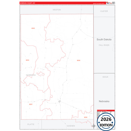 Niobrara County, WY Red Line 5 Digit ZIP Code Wall Map