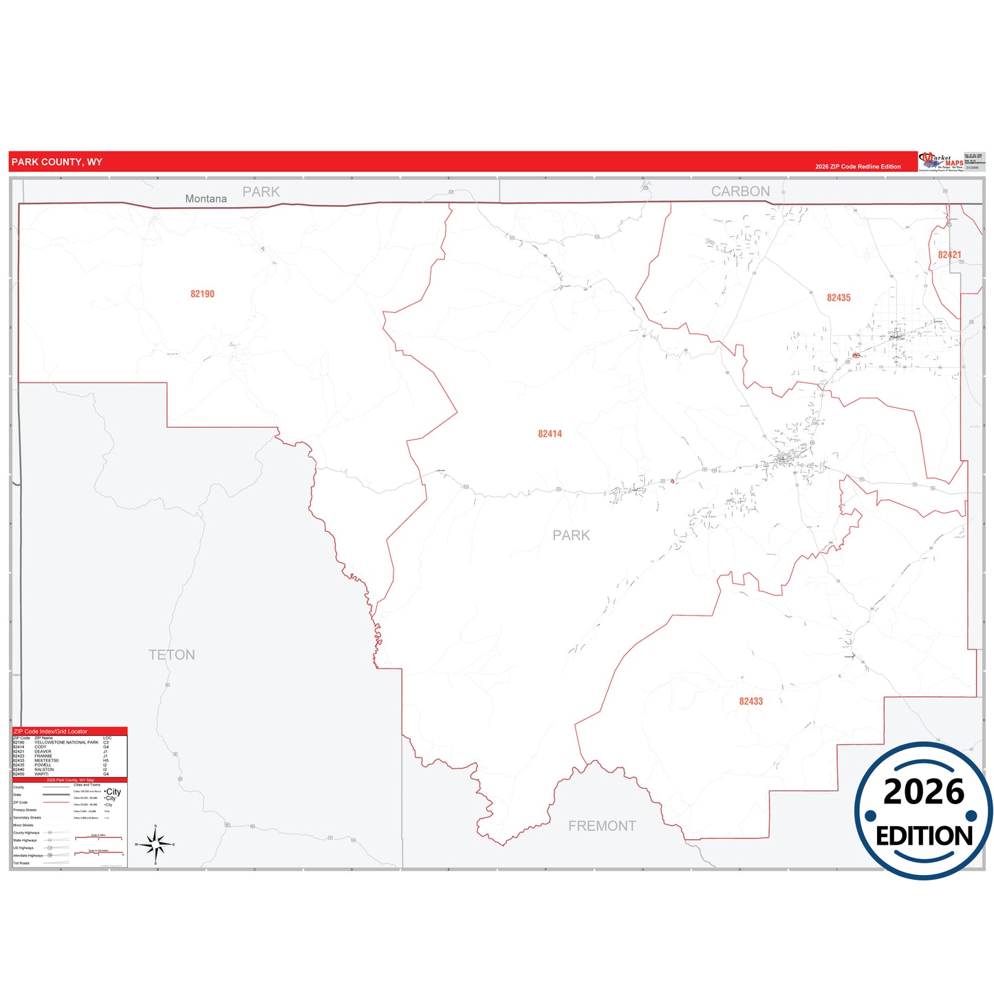 Park County, WY Red Line 5 Digit ZIP Code Wall Map