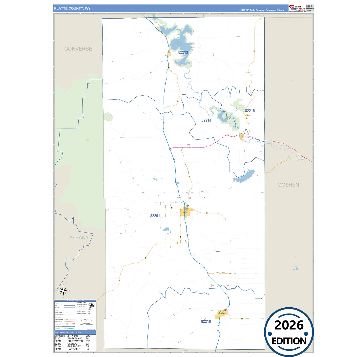 Platte County, WY Business Reference 5 Digit ZIP Code Wall Map