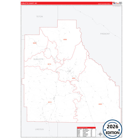 Sublette County, WY Red Line 5 Digit ZIP Code Wall Map