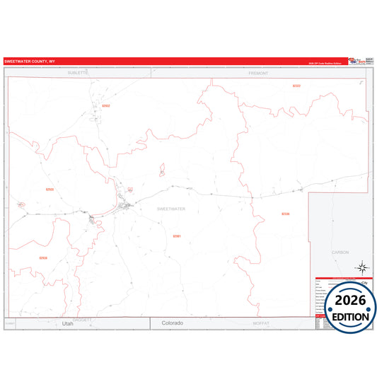 Sweetwater County, WY Red Line 5 Digit ZIP Code Wall Map