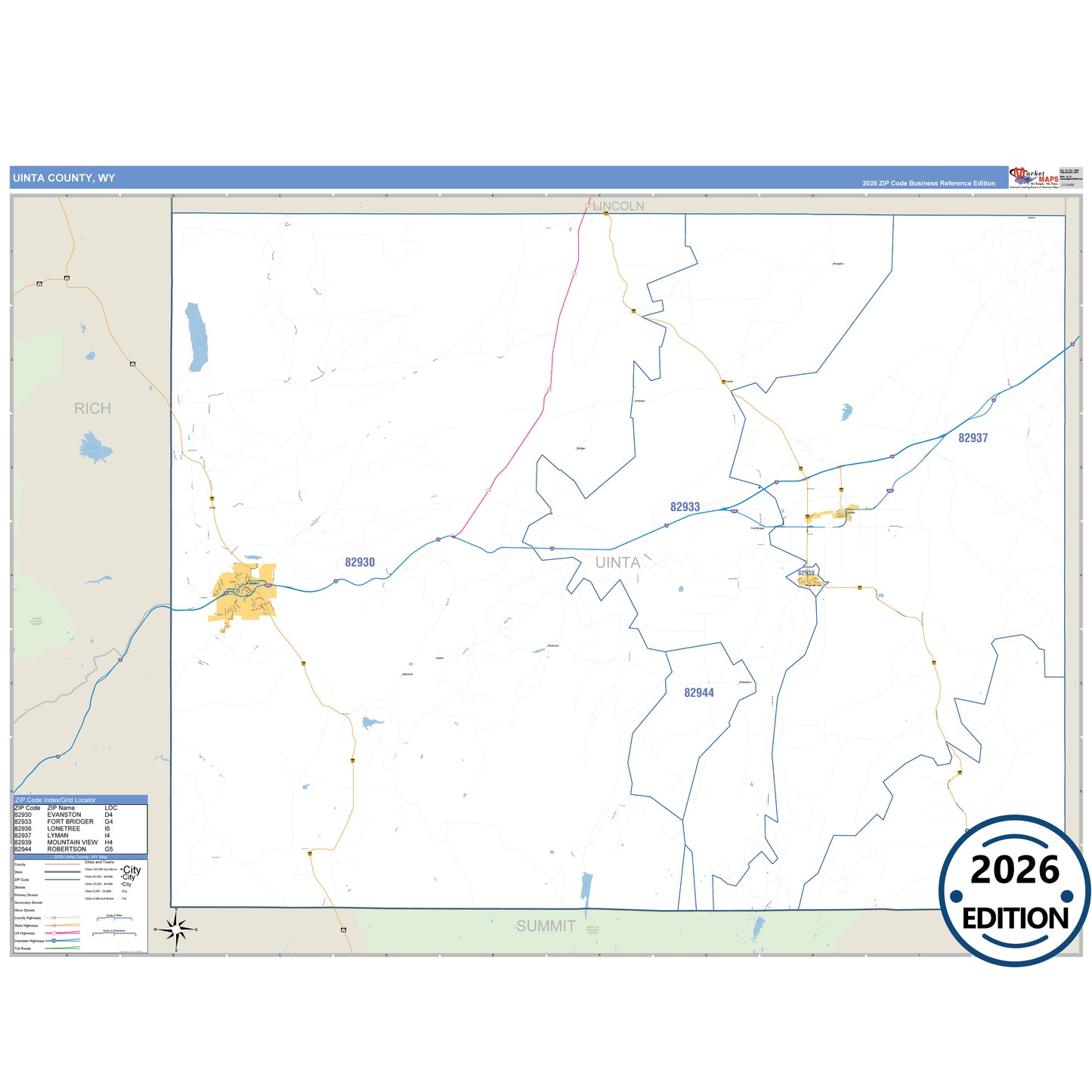 Uinta County, WY Business Reference 5 Digit ZIP Code Wall Map