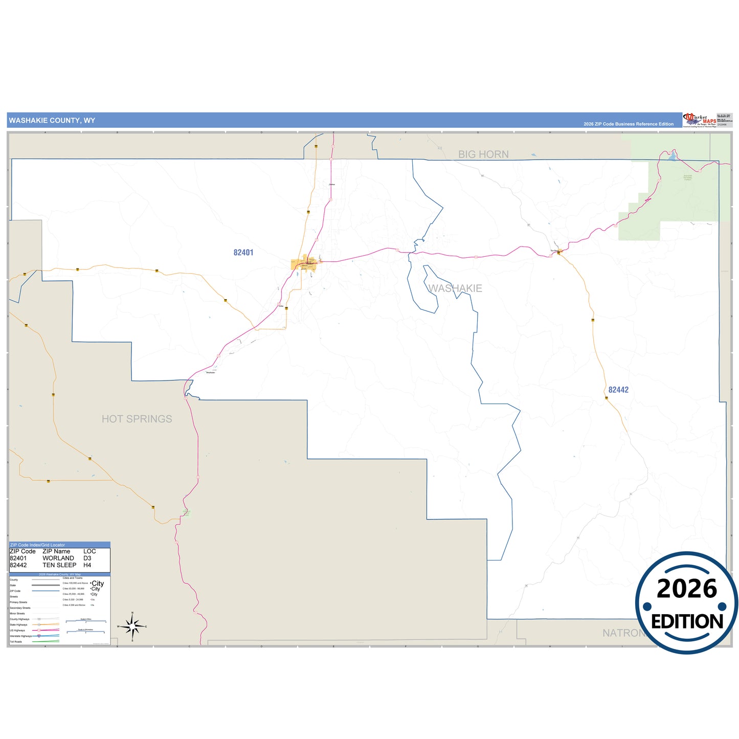 Washakie County, WY Business Reference 5 Digit ZIP Code Wall Map