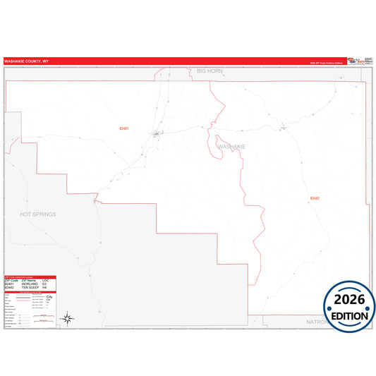 Washakie County, WY Red Line 5 Digit ZIP Code Wall Map
