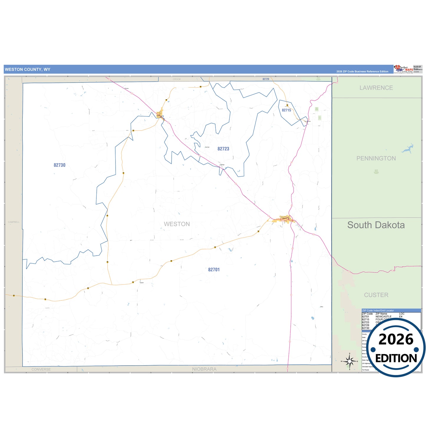 Weston County, WY Business Reference 5 Digit ZIP Code Wall Map