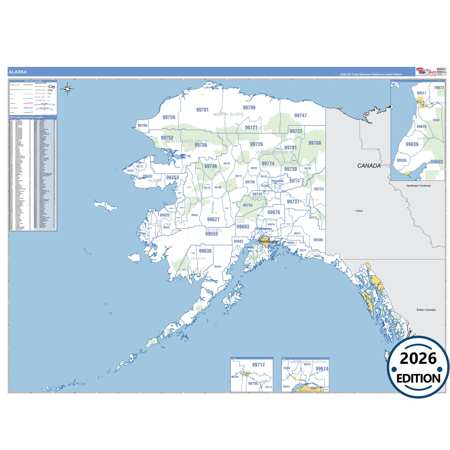 Alaska Business Reference 5 Digit ZIP Code Wall Map