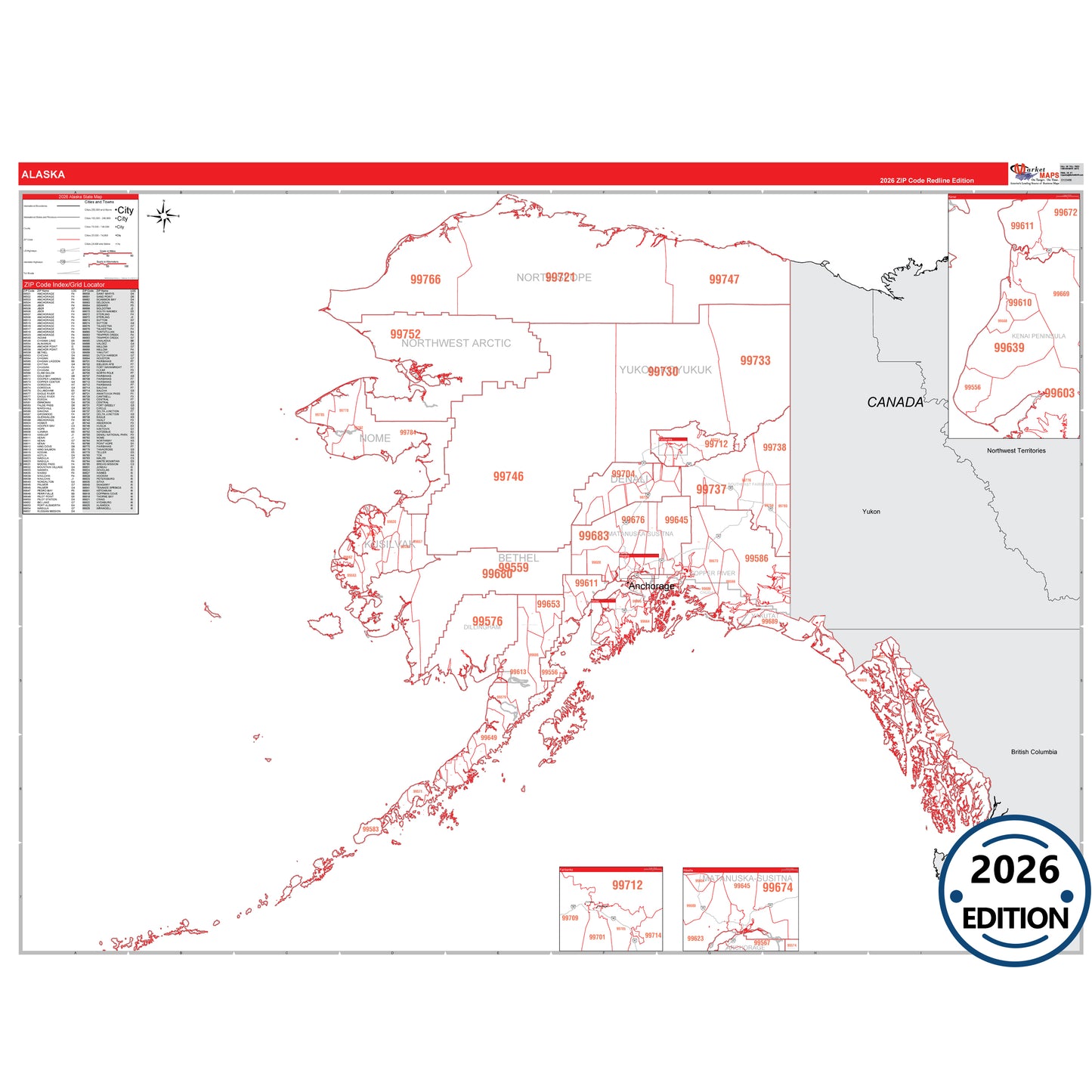 Alaska Red Line 5 Digit ZIP Code Wall Map