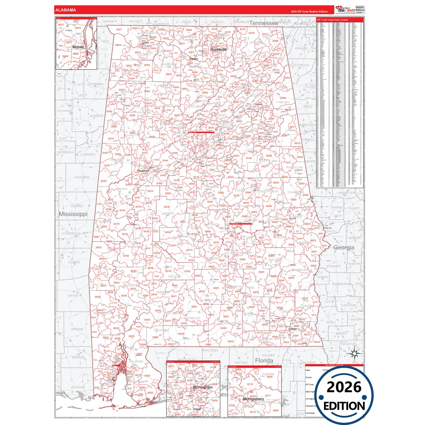 Alabama Red Line 5 Digit ZIP Code Wall Map