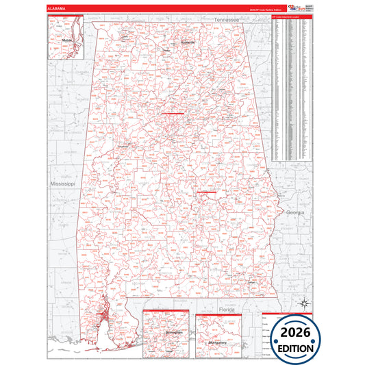Alabama Red Line 5 Digit ZIP Code Wall Map