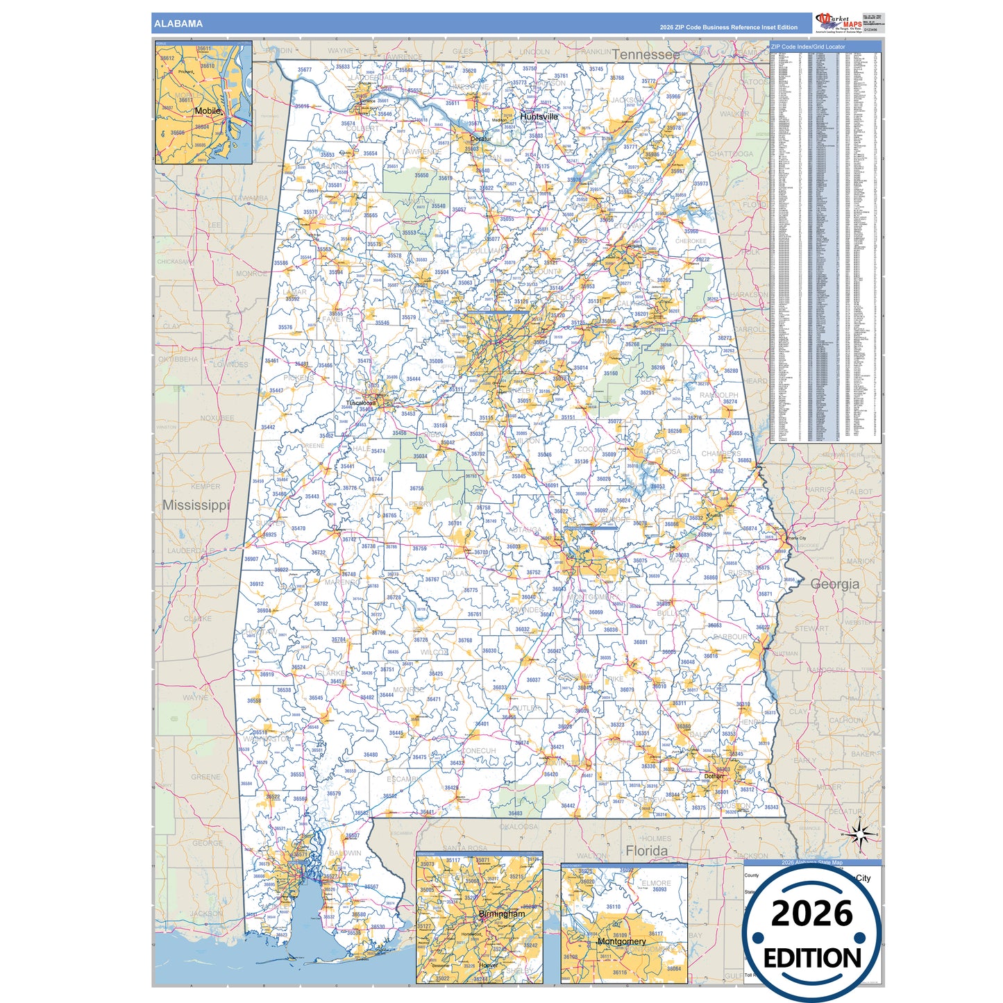 Alabama Business Reference 5 Digit ZIP Code Wall Map