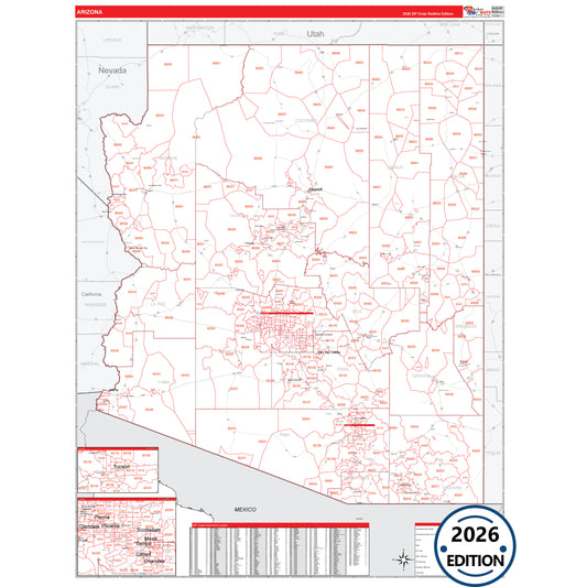 Arizona Red Line 5 Digit ZIP Code Wall Map