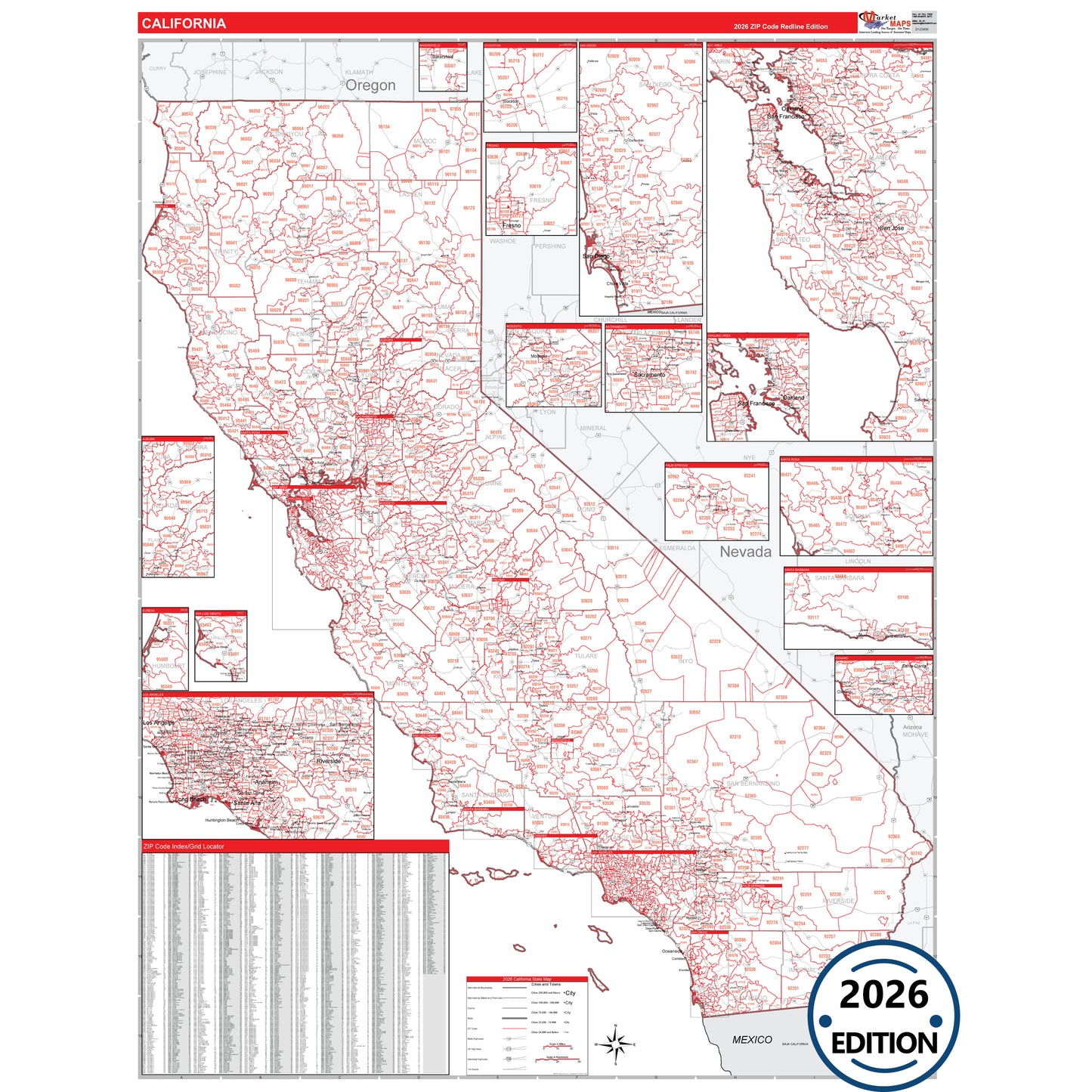 California Red Line 5 Digit ZIP Code Wall Map