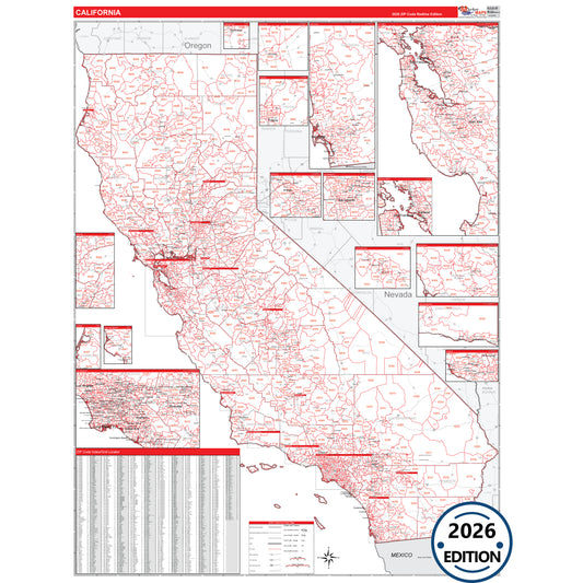 California Red Line 5 Digit ZIP Code Wall Map
