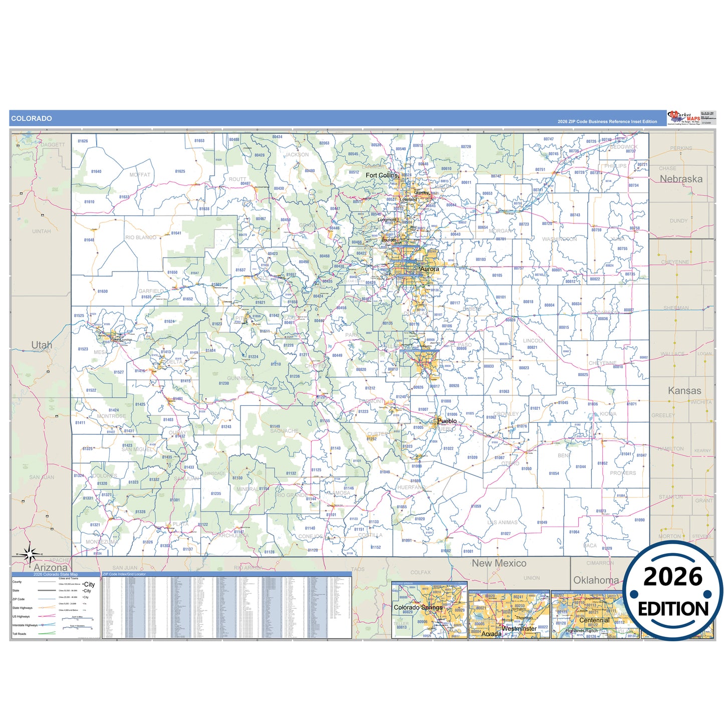 Colorado Business Reference 5 Digit ZIP Code Wall Map