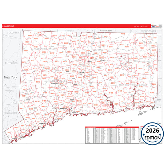 Connecticut Red Line 5 Digit ZIP Code Wall Map
