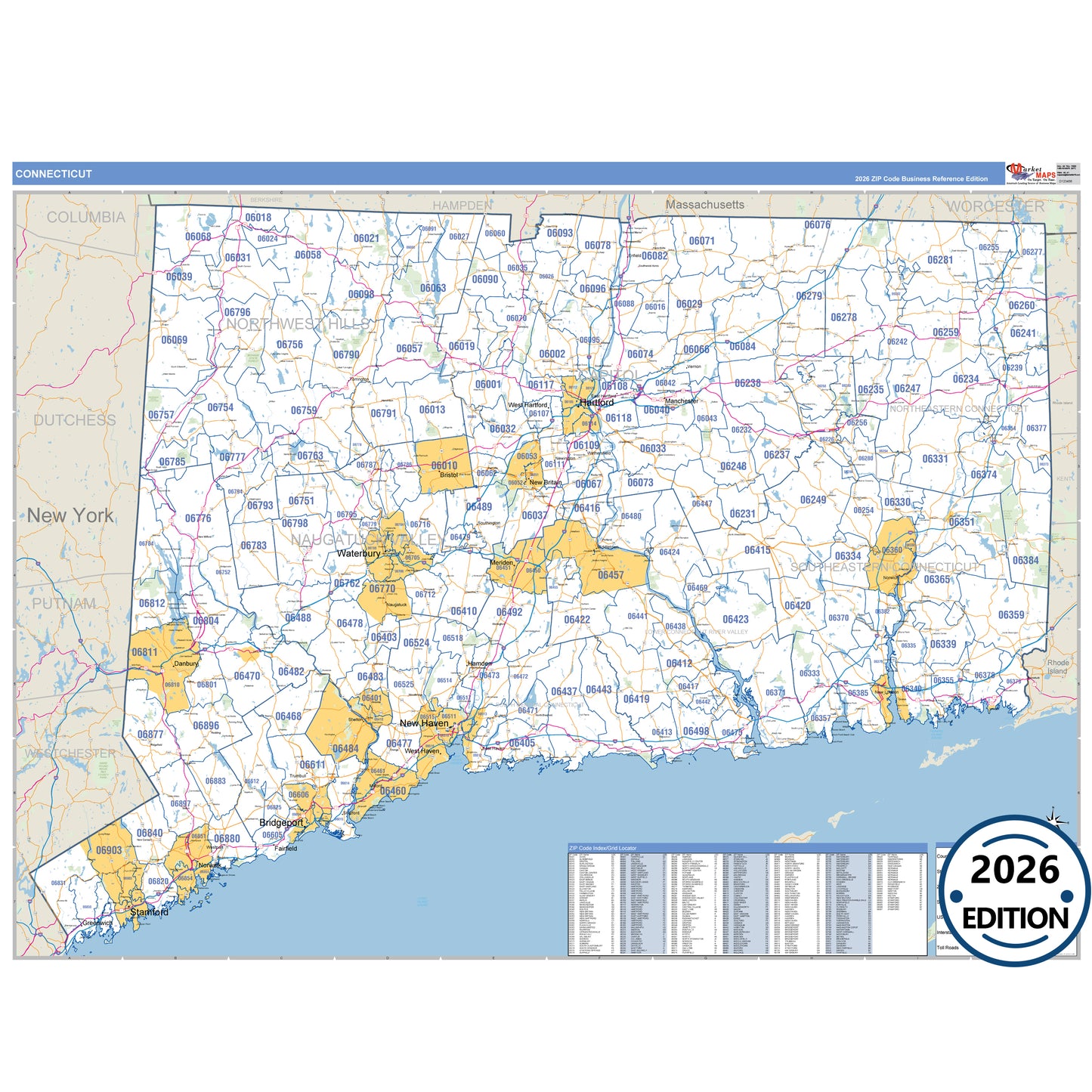 Connecticut Business Reference 5 Digit ZIP Code Wall Map