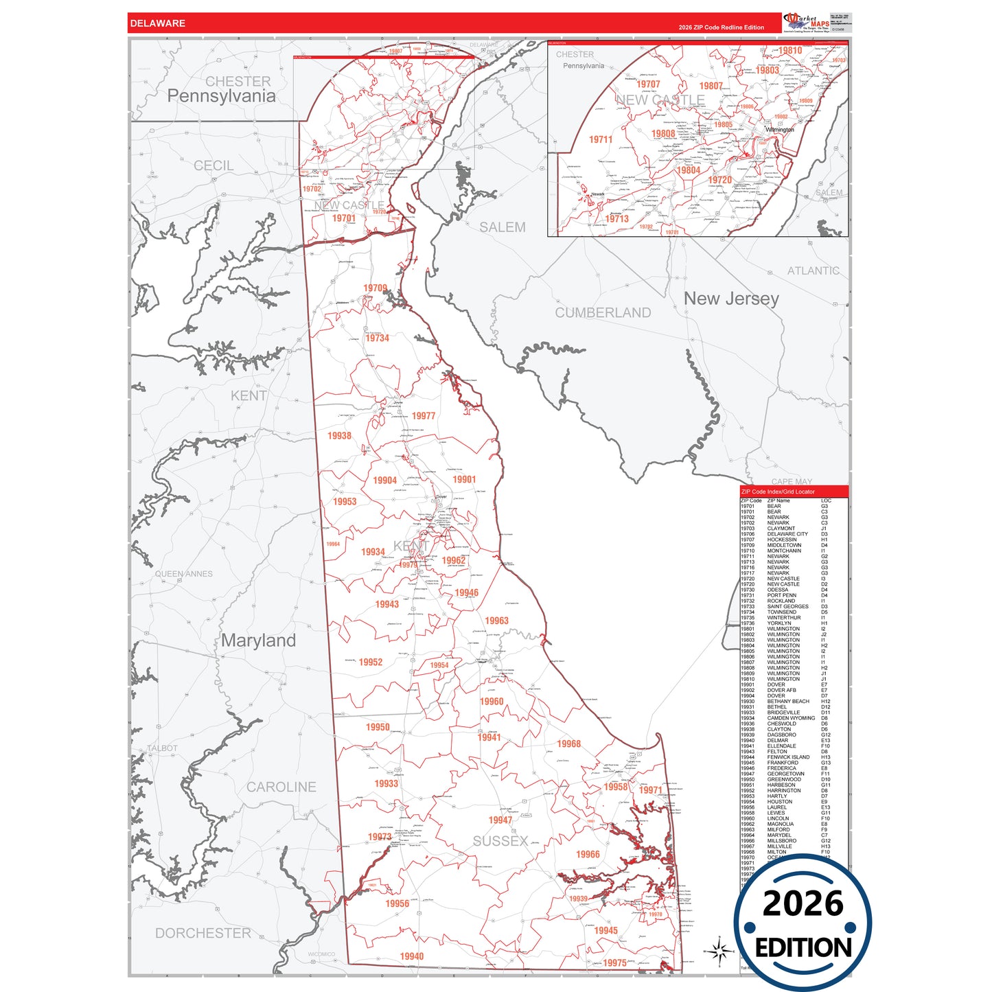 Delaware Red Line 5 Digit ZIP Code Wall Map