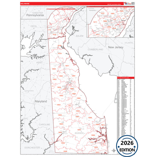 Delaware Red Line 5 Digit ZIP Code Wall Map