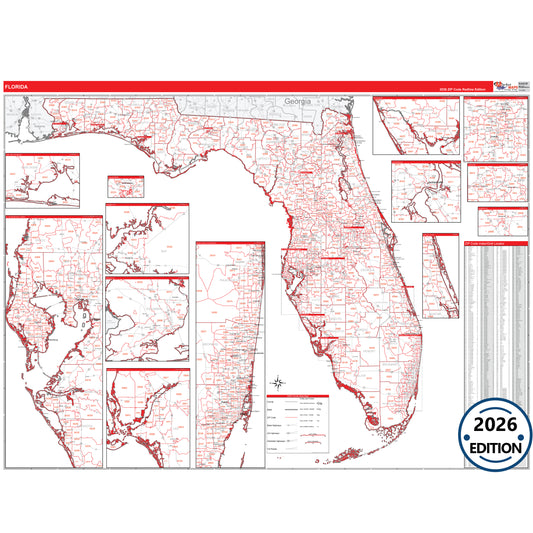 Florida Red Line 5 Digit ZIP Code Wall Map