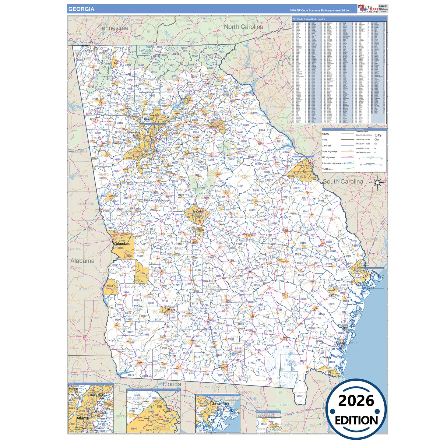 Georgia Business Reference 5 Digit ZIP Code Wall Map
