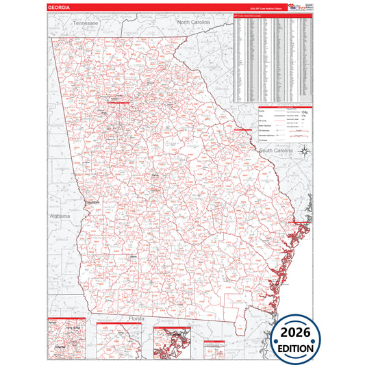 Georgia Red Line 5 Digit ZIP Code Wall Map