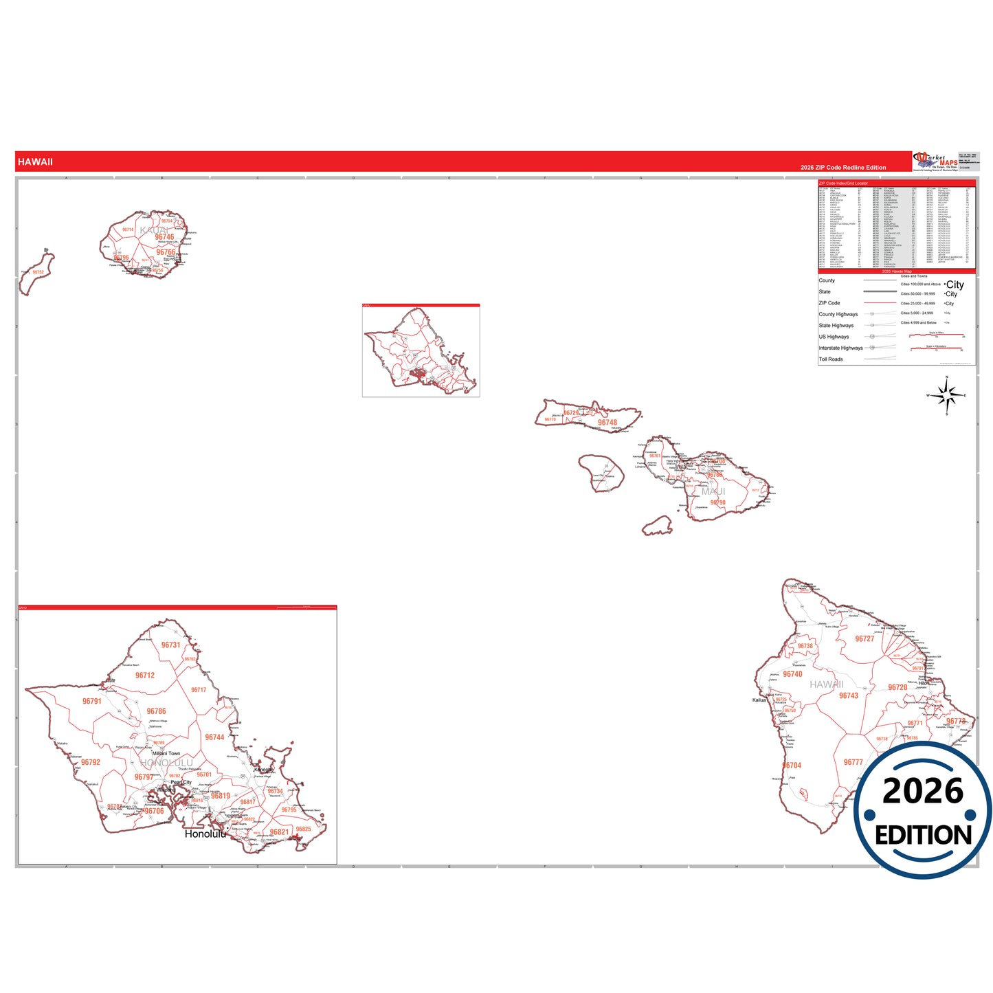 Hawaii Red Line 5 Digit ZIP Code Wall Map