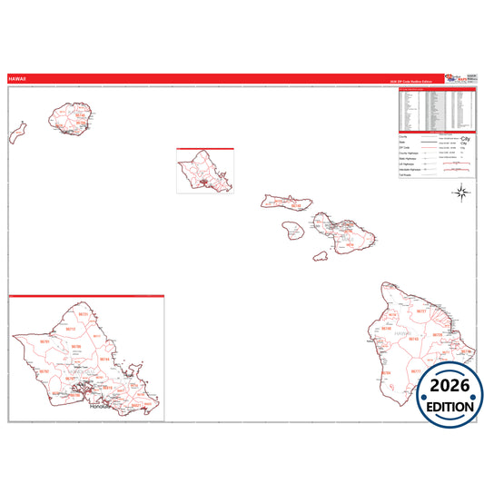 Hawaii Red Line 5 Digit ZIP Code Wall Map
