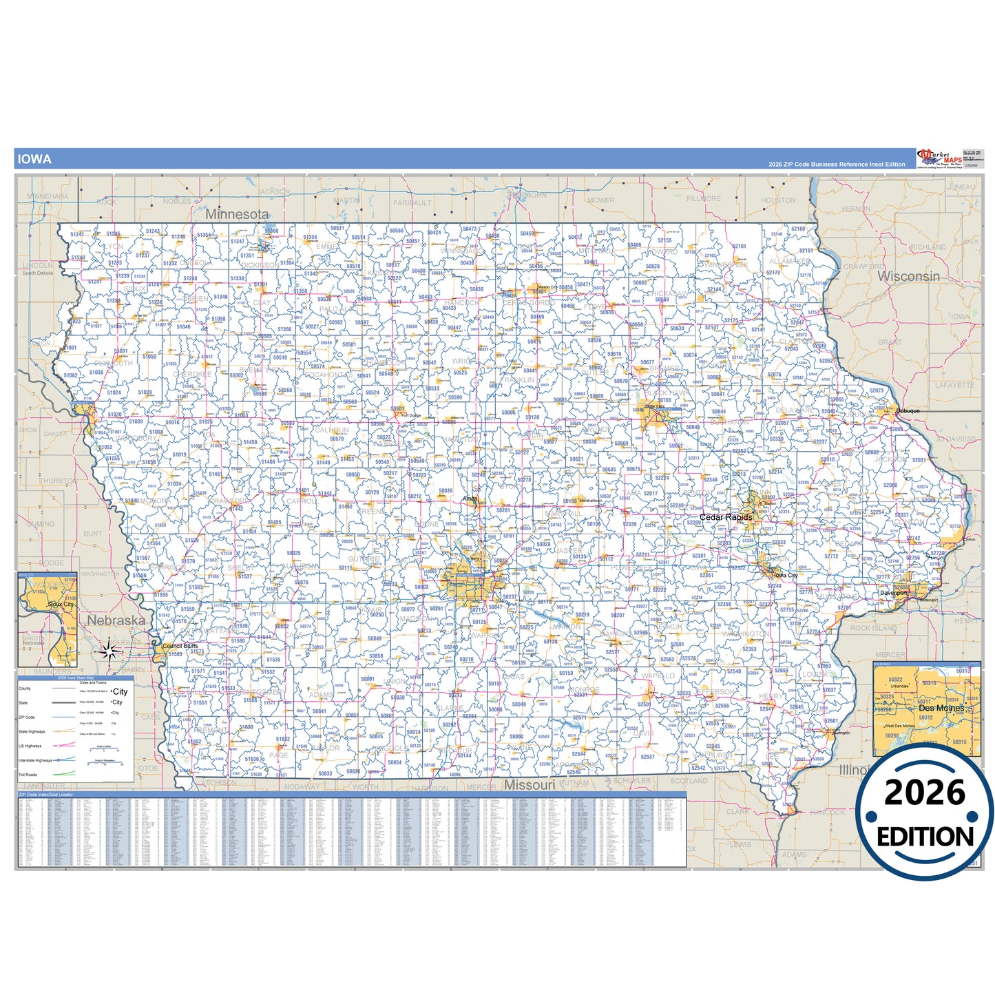 Iowa Business Reference 5 Digit ZIP Code Wall Map