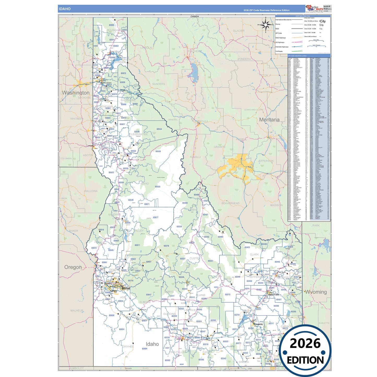 Idaho Business Reference 5 Digit ZIP Code Wall Map