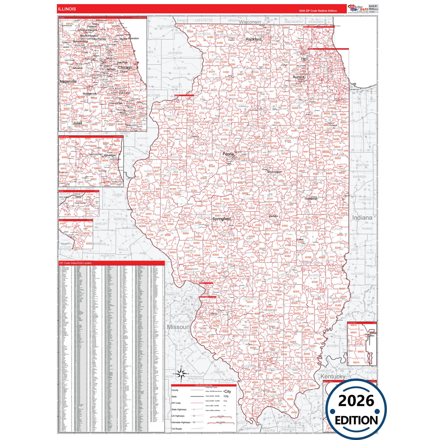 Illinois Red Line 5 Digit ZIP Code Wall Map
