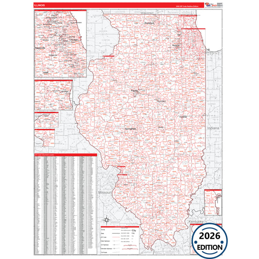Illinois Red Line 5 Digit ZIP Code Wall Map