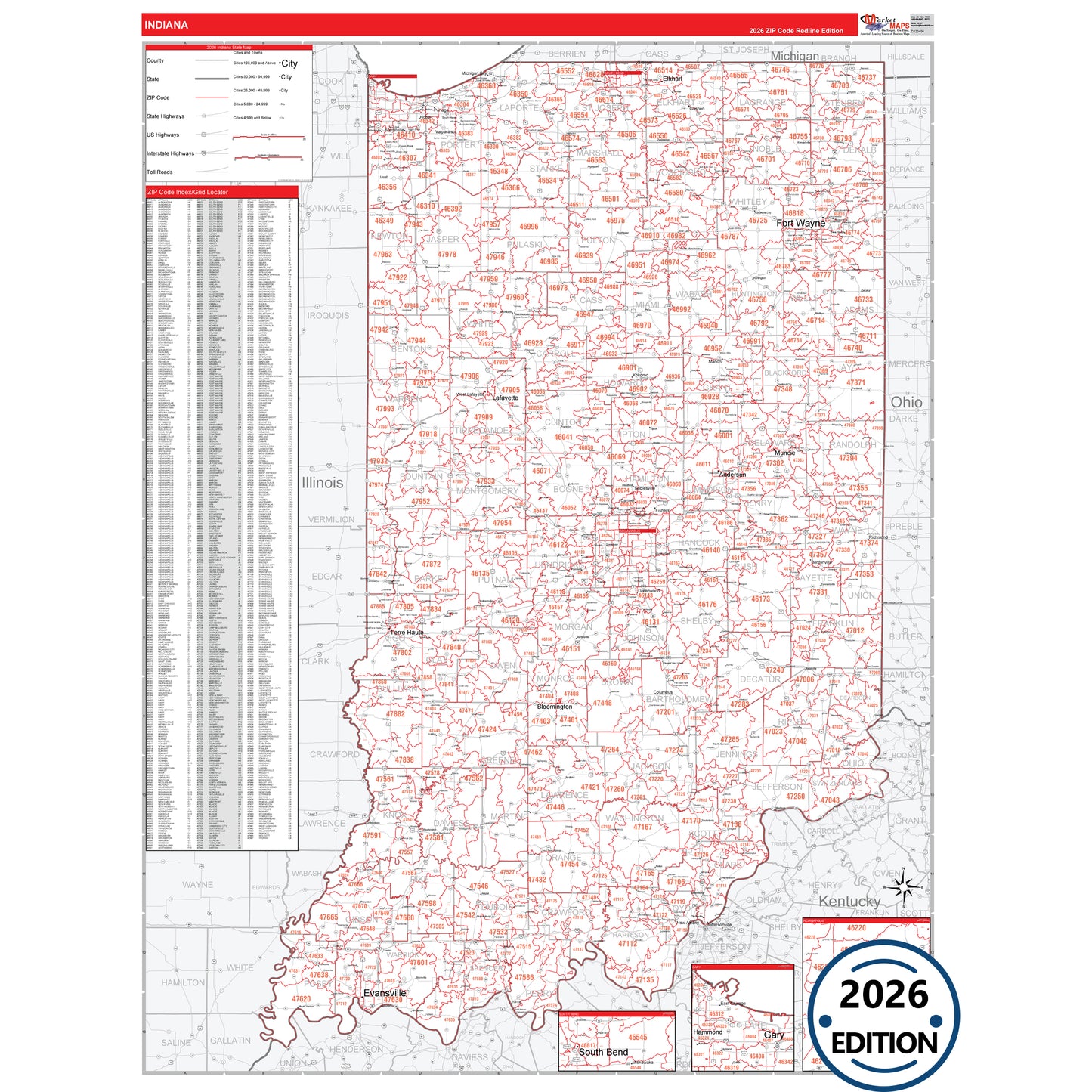 Indiana Red Line 5 Digit ZIP Code Wall Map