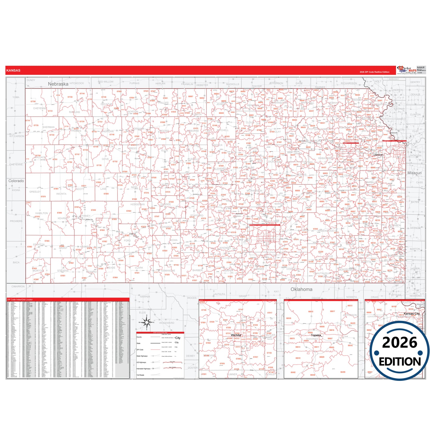 Kansas Red Line 5 Digit ZIP Code Wall Map