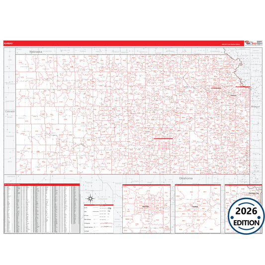 Kansas Red Line 5 Digit ZIP Code Wall Map