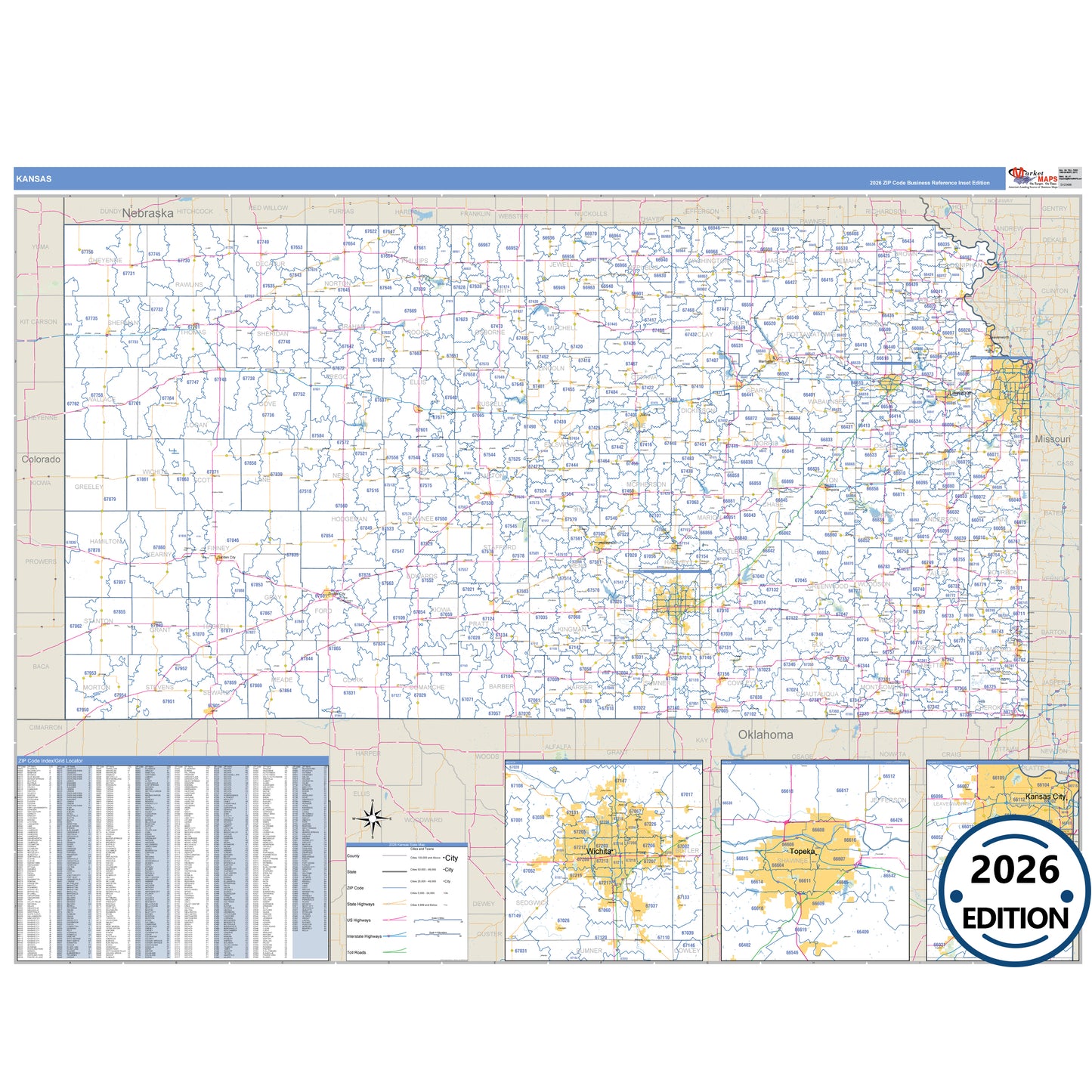 Kansas Business Reference 5 Digit ZIP Code Wall Map