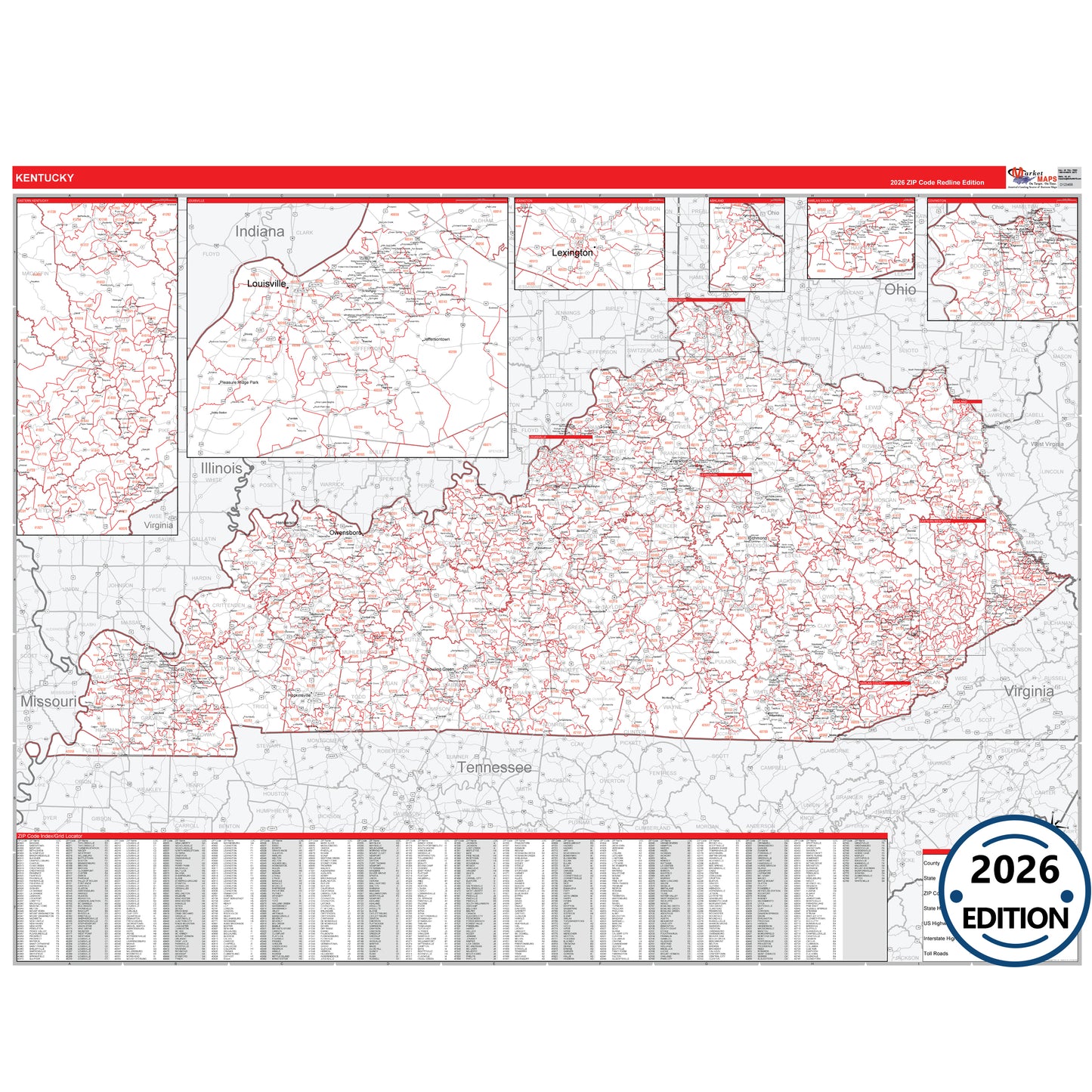 Kentucky Red Line 5 Digit ZIP Code Wall Map