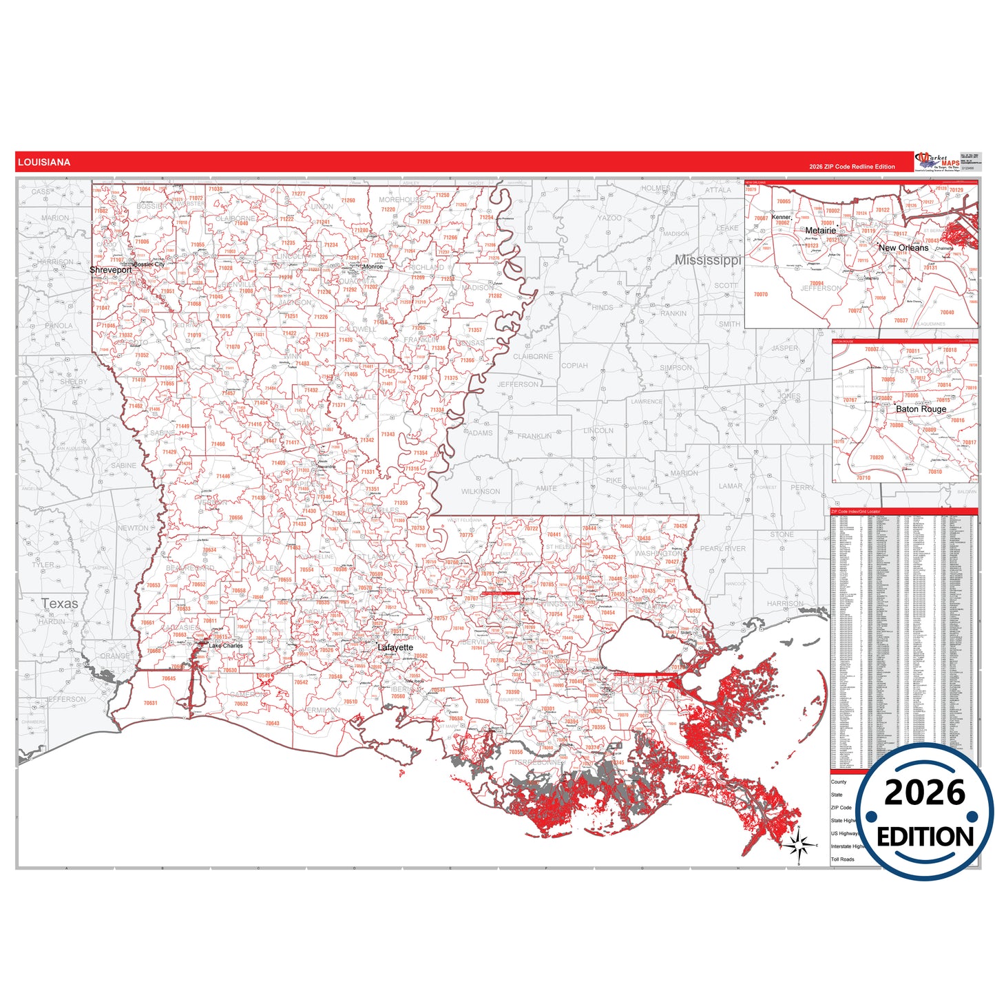 Louisiana Red Line 5 Digit ZIP Code Wall Map