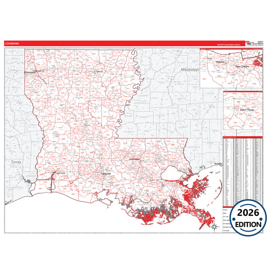 Louisiana Red Line 5 Digit ZIP Code Wall Map