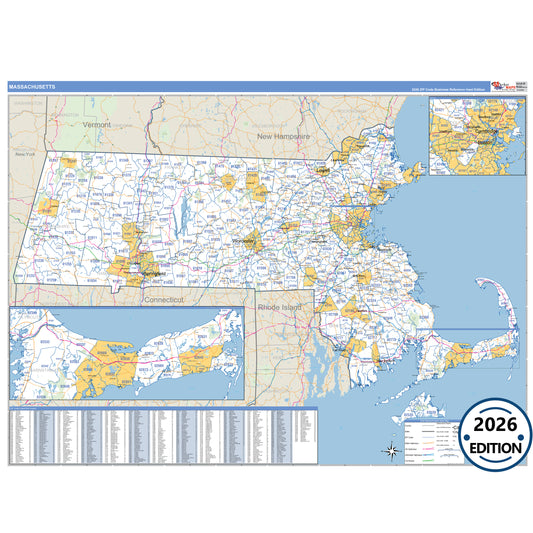 Massachusetts Business Reference 5 Digit ZIP Code Wall Map