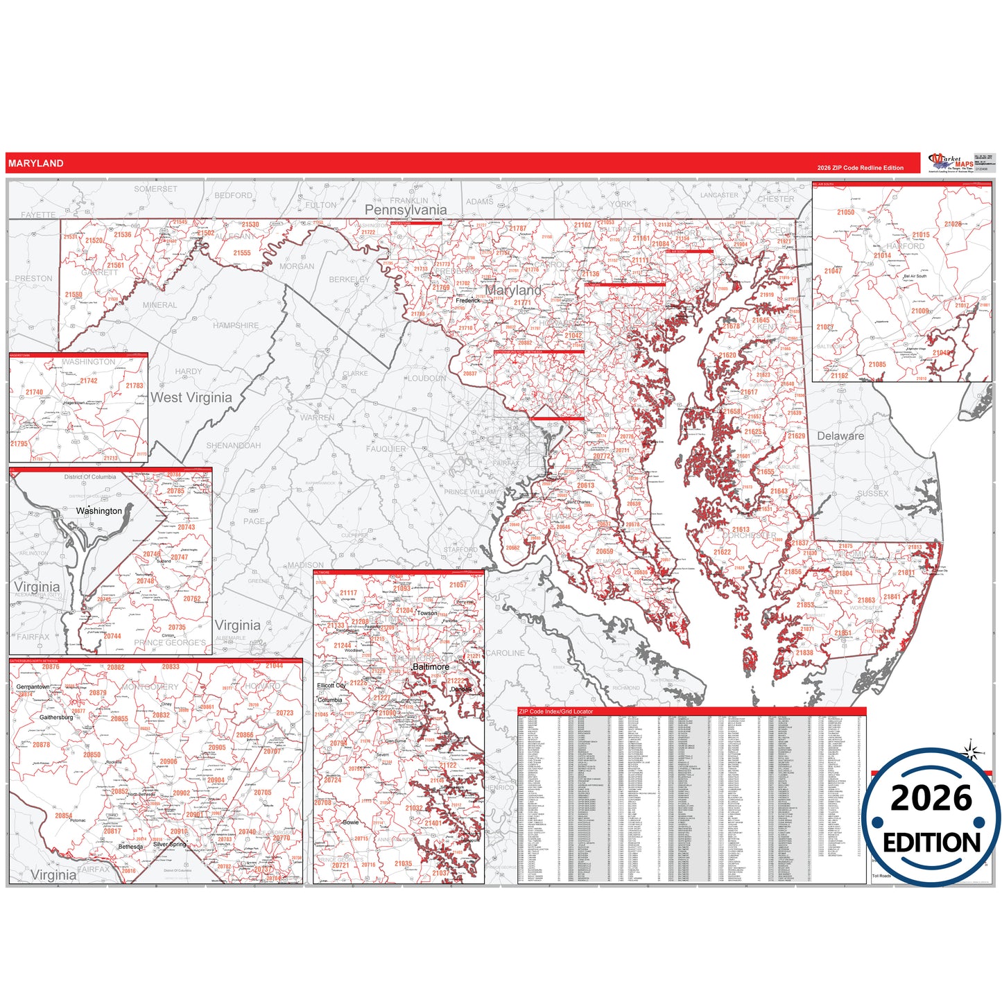 Maryland Red Line 5 Digit ZIP Code Wall Map