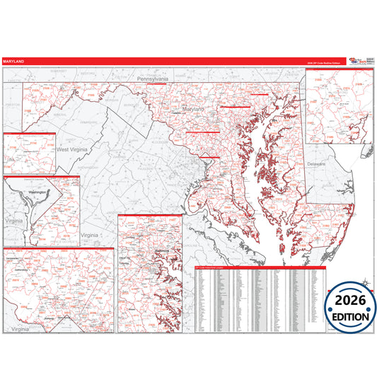 Maryland Red Line 5 Digit ZIP Code Wall Map