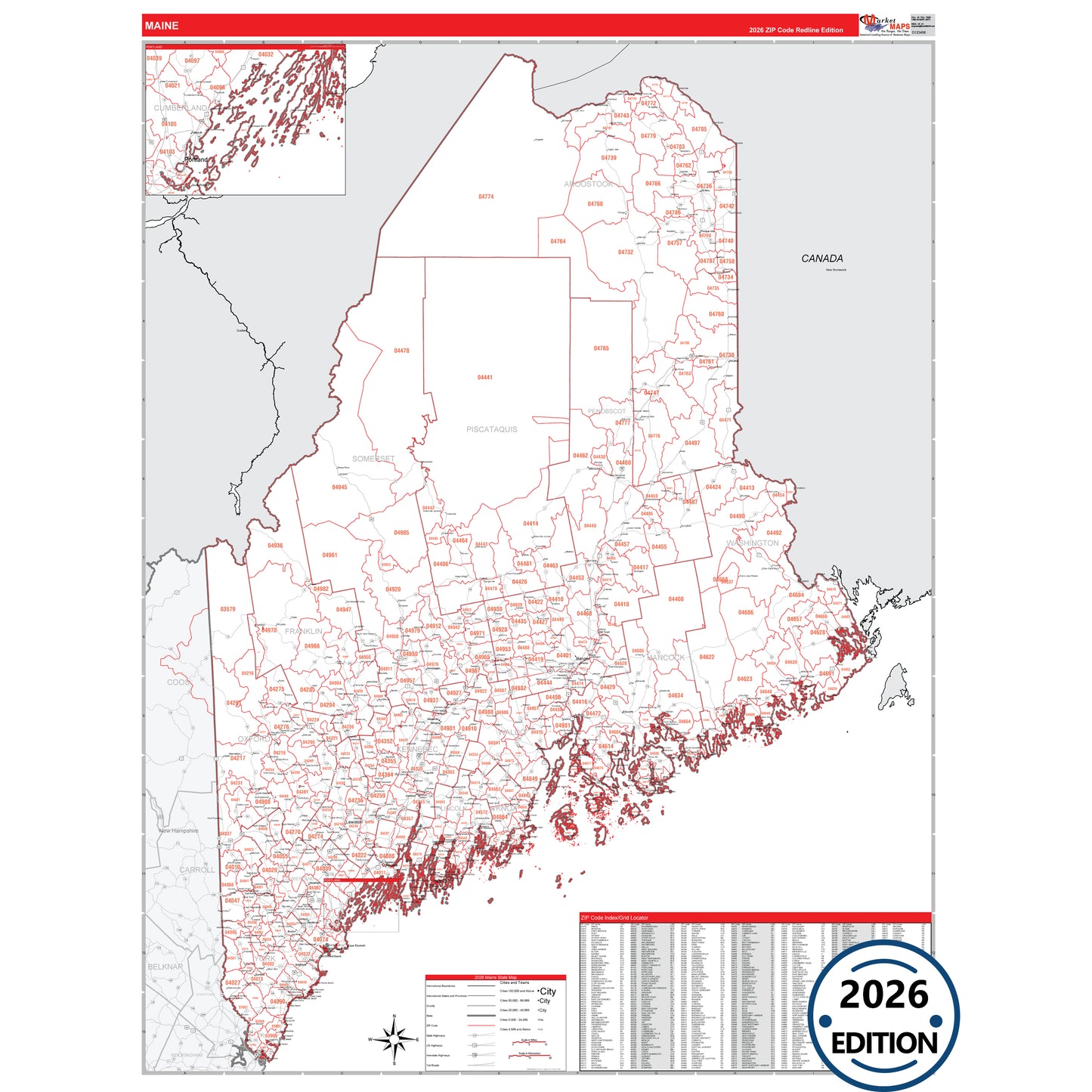 Maine Red Line 5 Digit ZIP Code Wall Map